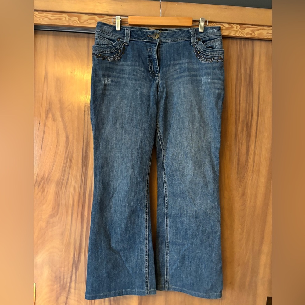 Embellished Blue Jeans,  MXM denim jeans, distressed jeans, wide leg, premium